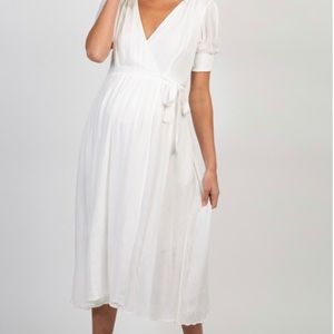 White Puff Sleeve Wrap Midi Dress